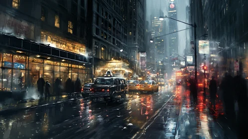 Rain soaked city street with taxis and neon reflections.