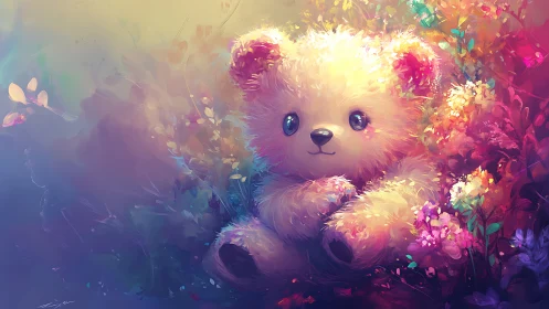 Fluffy pastel teddy bear nestled in luminous floral glow.