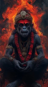 Simian fire-saint meditates amid swirling molten shadows