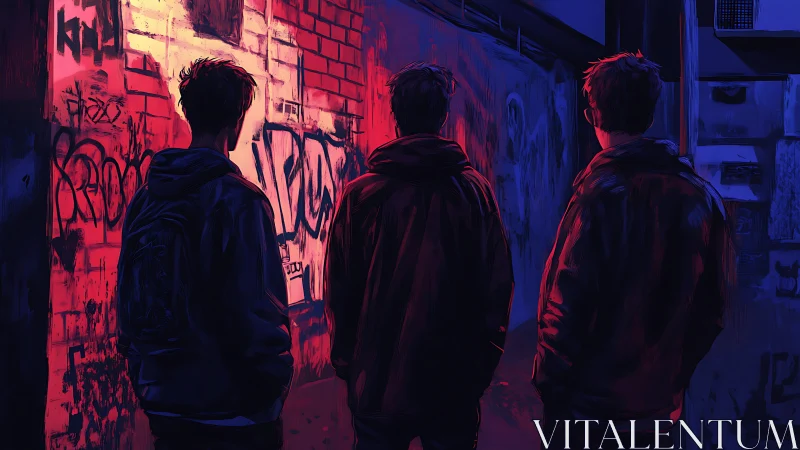 Urban alley trio under neon light facing graffiti wall.