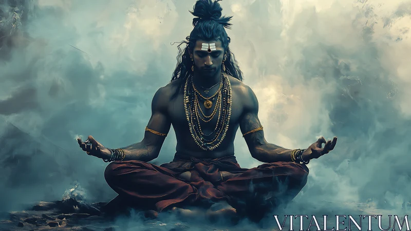 Mystic yogi meditates within stormy teal smokelike clouds.