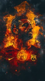 Blazing football hero stands strong in a storm of vivid fire