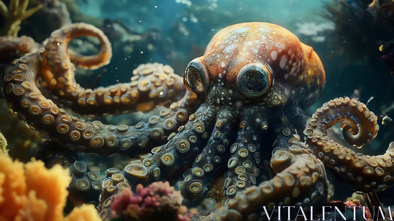 Curious coral diplomat octopus in swirling seawater spotlight.