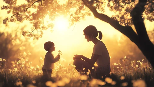 Mother and child sharing flowers under warm sunset light.