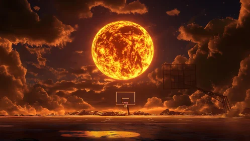 Solar corona over abandoned dusk basketball court horizon