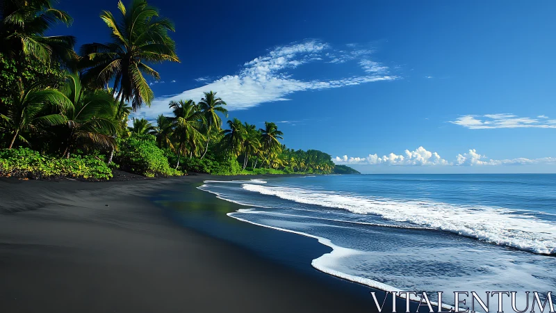 Black Sand Beach with Tropical Palm Coastline.