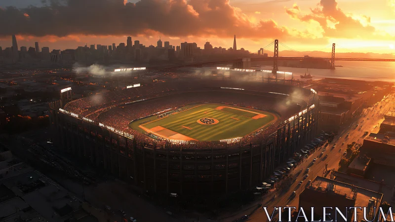 Sunset aerial view of illuminated urban baseball stadium.