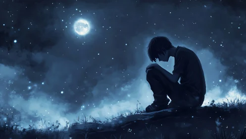 Solitary boy silhouette under luminous full moonlit sky