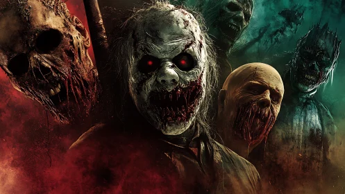 Grotesque undead horde advances through bloodred mist