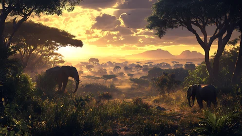 Golden hour savanna landscape with elephants and acacia canopy