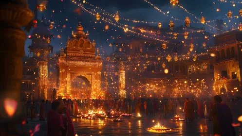Temple courtyard glows under dense festival lantern sky.