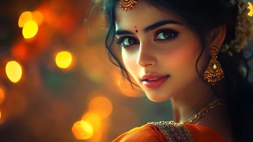 Digital portrait of woman in festive Indian attire at dusk.