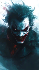 Sinister clown portrait with smeared red smile.