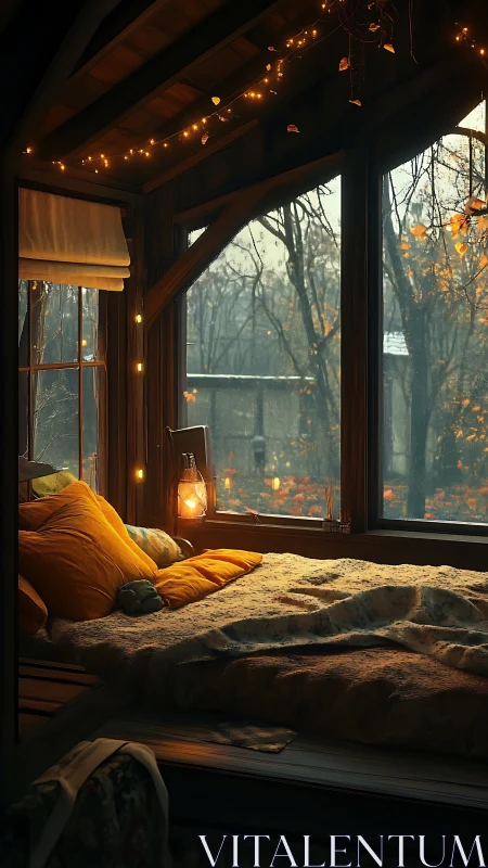 Autumnal window alcove bed with warm luminance gradients.