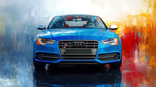 Blue sports car front view on bold abstract background.