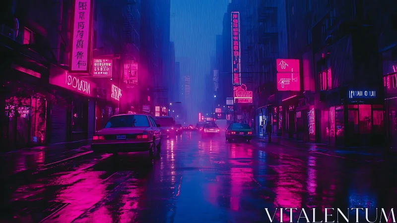 Neon rainstorm baptizes a midnight cyberpunk city street.