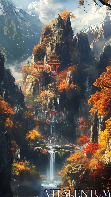 Autumn temple cascades down misty mountain waterfalls.