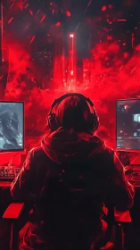 Red neon coder at dual screens commands a digital skyline.