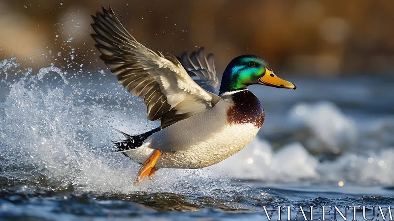 Mallard Duck Taking Flight Over Water in Stunning Nature Photo.