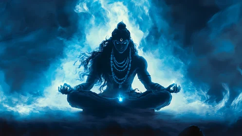 Luminescent yogic deity in turbulent cyan vapor field.