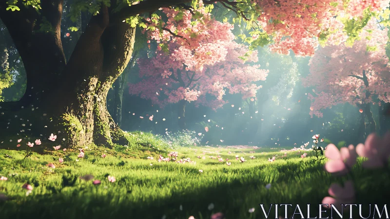 Blossomlit grove where drifting petals script springtime hush.