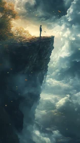 Solitary figure standing on cliff edge above clouds.