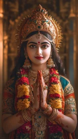 Graceful goddess-inspired portrait in vibrant festive warmth.