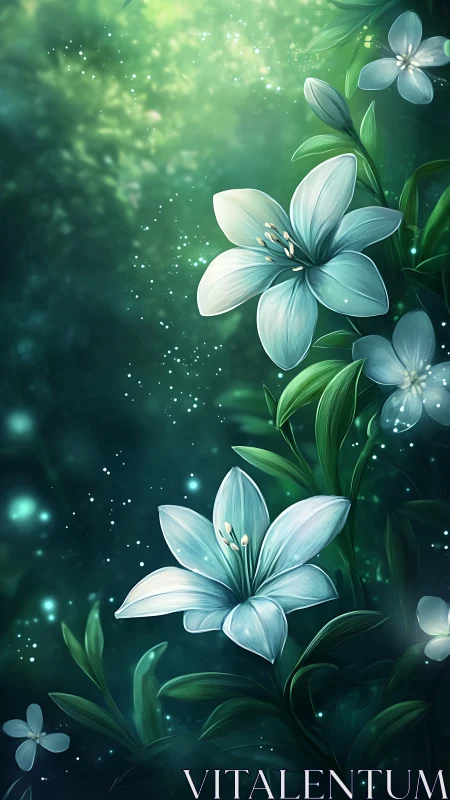 Digital painting of white lilies with glowing particles in green gradient background