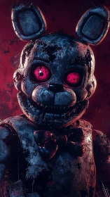 Rusty animatronic rabbit with glowing red eyes in darkness.