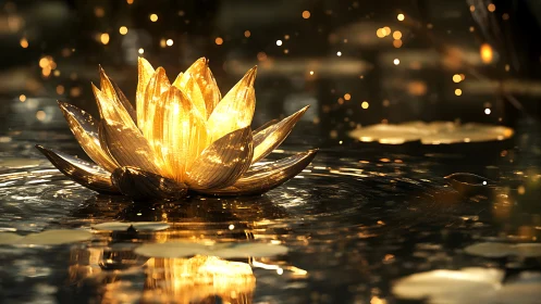 Glowing golden lotus lantern drifting through quiet water.