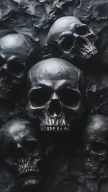 Midnight charnel chorus of glossy sculpted skulls in shadow.