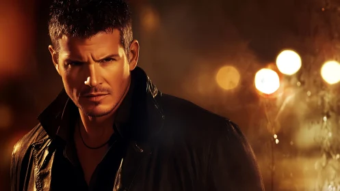 Moody man in leather jacket under warm city lights.