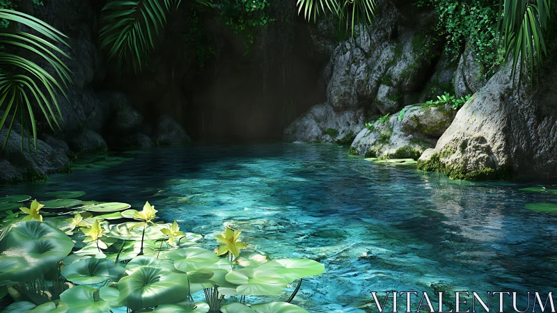 Shallow turquoise grotto pool with detailed caustics and foliage