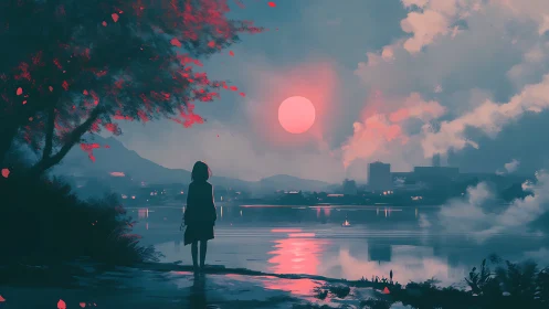 Backlit silhouette observes neon-tinted sunset across lake