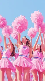 Dynamic cheer squad with pink pompoms under clear sky.