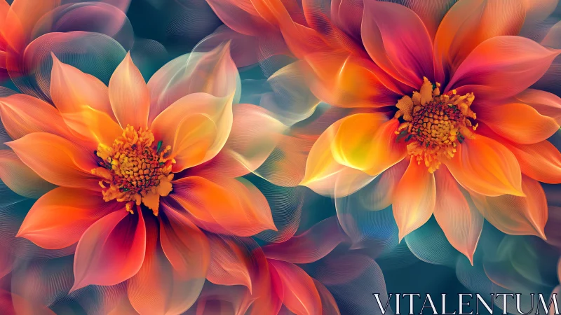 Digitally rendered layered flowers with gradient color transitions and dimensional depth effects.