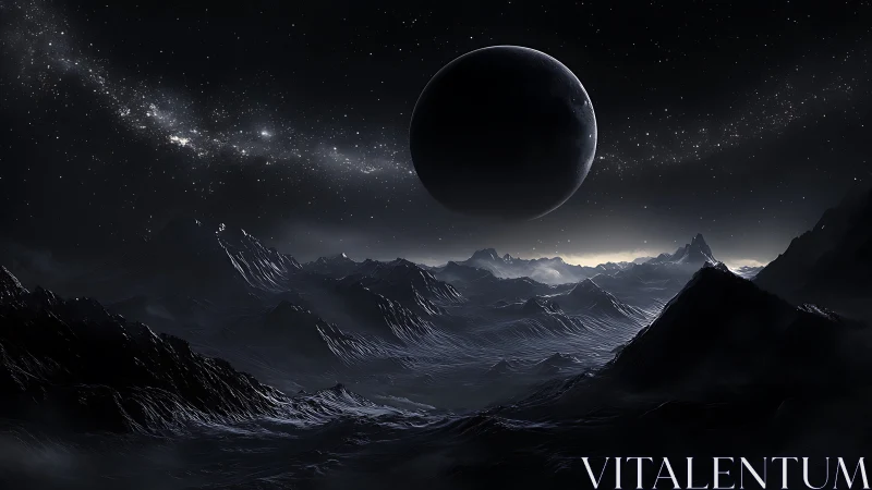 Lunar silhouette over frozen alien mountain landscape.