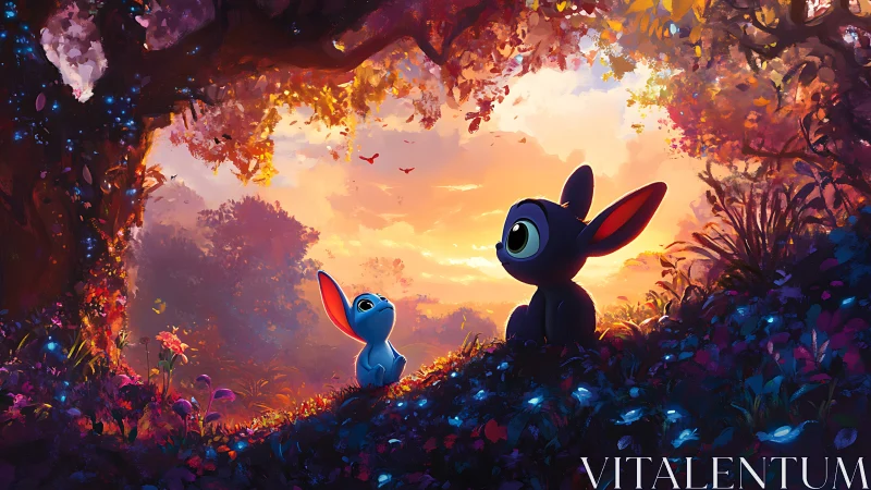 Bioluminescent forest sunset frames two stylized rabbit figures