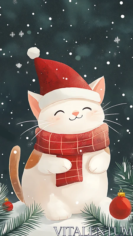 Smiling holiday cat in Santa hat with scarf in snowfall scene