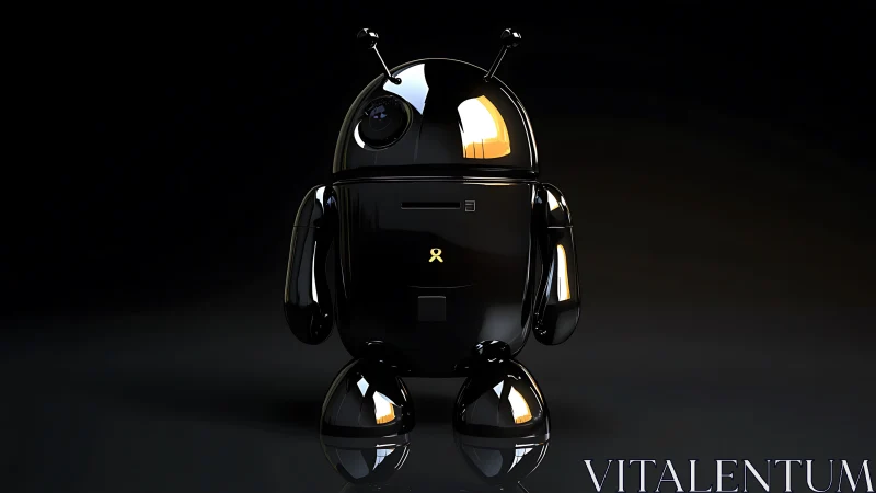 Glossy black android robot stands against dark background