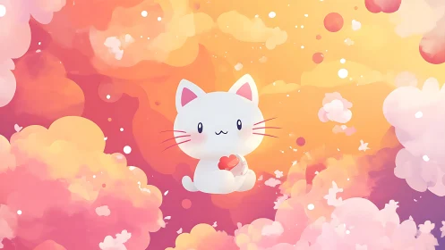Kawaii Cat Character with Heart: Warm Gradient Digital Illustration