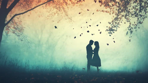 Silhouetted couple under autumn trees with falling leaves.