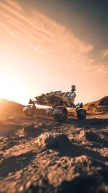 Autonomous Mars rover under low-angle sunset illumination.