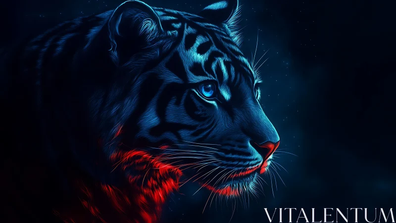 Neon lit tiger profile in dark space with blue and red light.