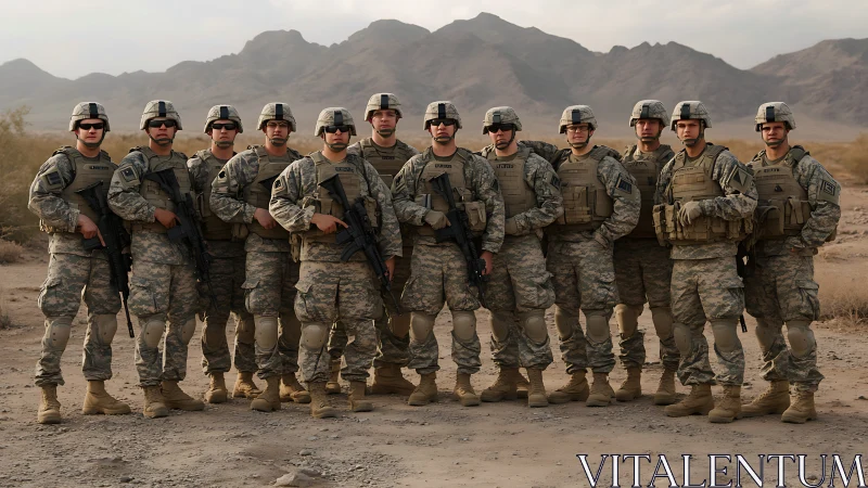 Group of soldiers stands in desert terrain wearing full gear