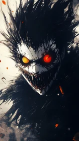 Demonic figure glares with blazing eyes and serrated grin