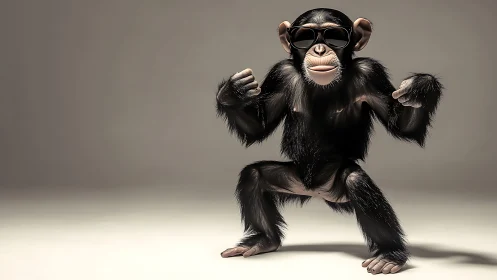 3D stylized chimpanzee in sunglasses with dynamic pose staging.