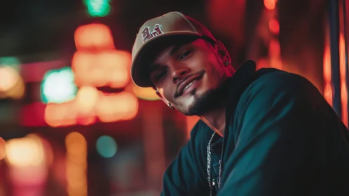 Warm city lights glow around a smiling man in a cap tonight