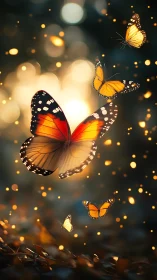 Monarch butterflies ascend through bokeh-lit dusk atmosphere