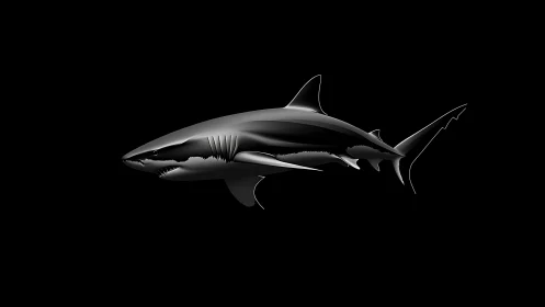 Sleek metallic shark silhouette glides across black void.